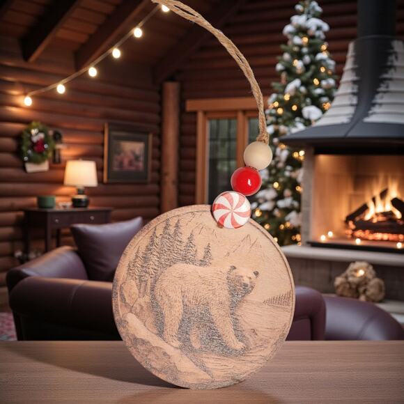 Handmade Rustic Bear Wood Ornament | Printed Mountain Scene | Woodland Christmas - Picture 4 of 7
